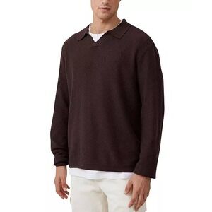 Cotton On Men's Brown Cotton Textured Knit Long Sleeve Polo Sweater Large